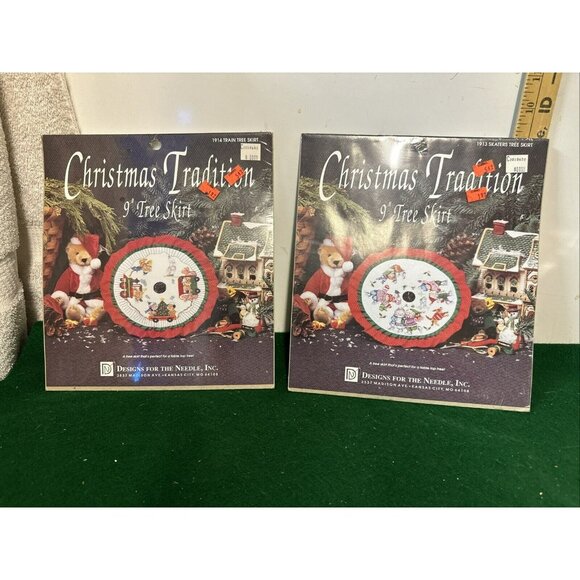 Christmas Tradition Cross Stitch Kit 9 Inch Tree Skirt Train Lot Of 2 - Picture 1 of 8
